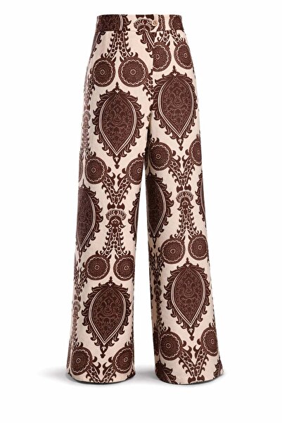 5in1Canpolat Καφέ παντελόνι με έθνικ σχέδια και ψηλή μέση 30175