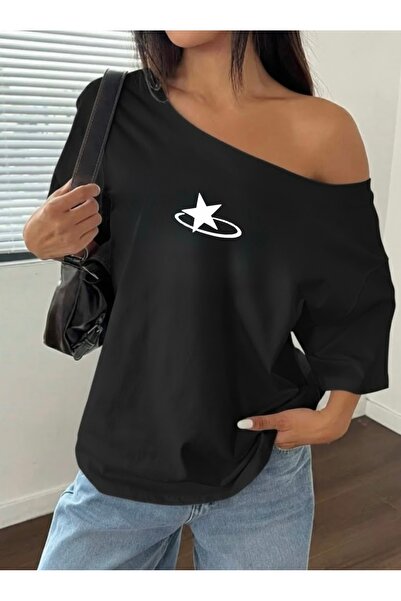 FUFLUNS TRICOU DE DAMĂ SUPRADimensionat CU IMPRIMEU STELE, CU GULER LAVALĂ