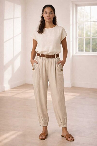 Butik Şans Women's Belted Elastic Waist Sequin Detailed Lyocell Trousers