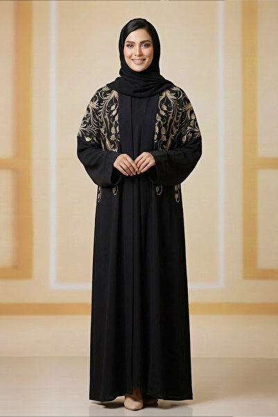 Muchmy طقم عباءة مطرزة باللون الأسود الكامل من قطعتين للنساء، مصنوعة من قماش ...