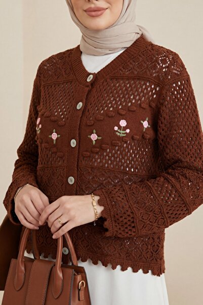 Modamorfo Floral Embroidered Pompom Buttoned Knitwear Cardigan - Tile