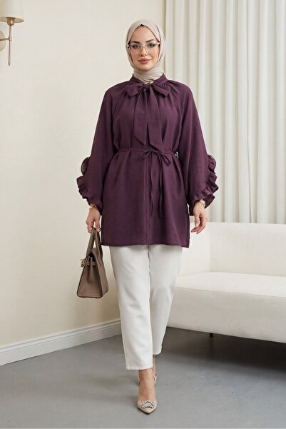 Modamorfo Modal Tunic with Lace-Up Collar, Zipper, Ruffled Sleeves and Belt -...