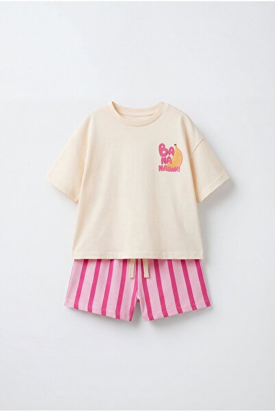Magu Girl's Cotton Ecru Banana Print T-Shirt Shorts Set - Pink Striped