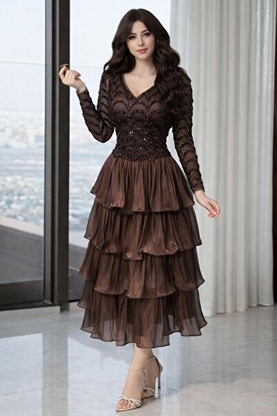 led style Brown Layered Midi Dress