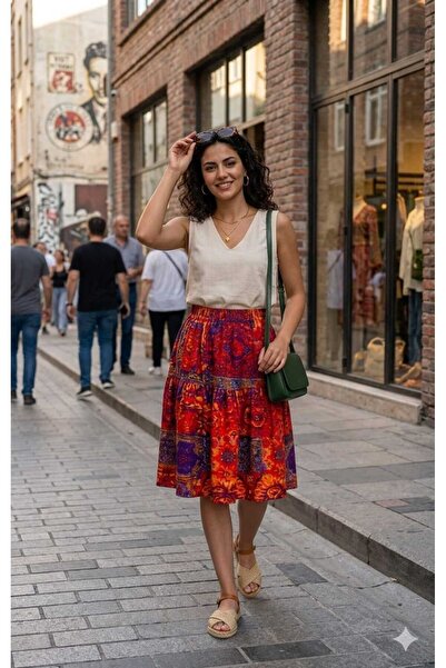 BELUNA TEKSTİL Viscose Fabric Patterned Midi Length (60 cm) Skirt