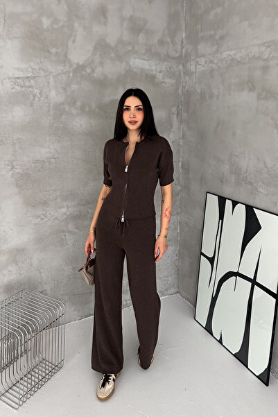 MİROR Women's Brown Knitwear Set Zippered Top High Waist Wide Leg Pants Botto...