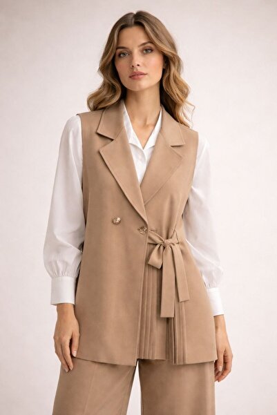 LİFERA Side-Tie Pleated Detailed 3-Piece Blazer Set, Vest, Shirt, Pants