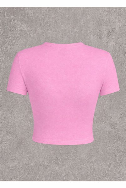 PALPİTO Kadın Pembe Vintage Baskılı Bisiklet Yaka Dar Crop Tshirt
