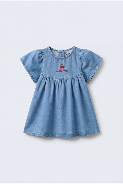 Magu Κοριτσίστικο Βαμβακερό Μπλε Φόρεμα - Με Λεπτομέρεια Κεντήματος Κερασιών