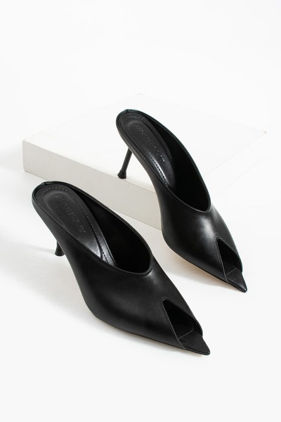 diclepolat Γυναικείες μαύρες παντόφλες από συνθετικό δέρμα με τακούνι, με μυτ...