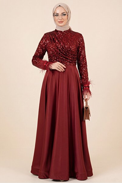 Modamorfo Σατέν βραδινό φόρεμα με πούλιες στα μανίκια και την φούστα - μπορντό