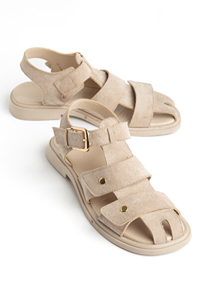 Entella Store Sole Women's Beige Suede Bead Detailed Casual Sandals