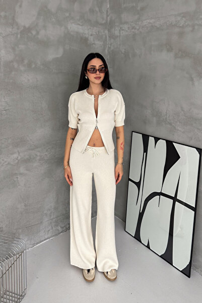 MİROR Women's Cream Knitwear Set Zippered Top High Waist Wide Leg Pants Botto...