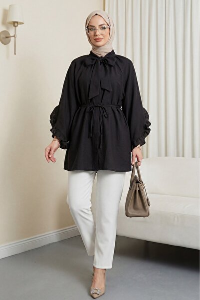 Modamorfo Modal Tunic with Lace-Up Collar, Zipper, Ruffled Sleeves and Belt -...