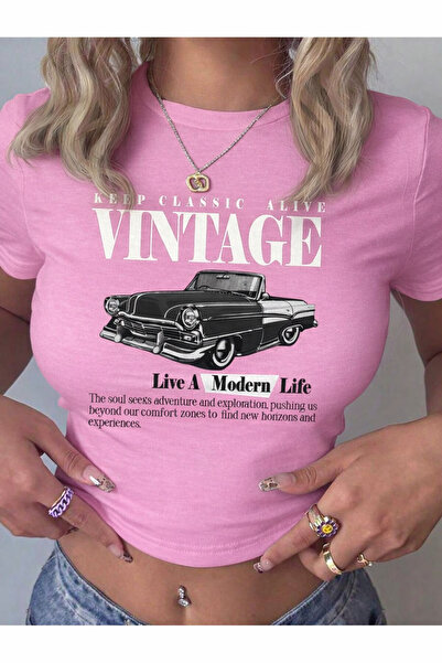 PALPİTO Tricou crop mulat, roz, cu imprimeu vintage, pentru femei