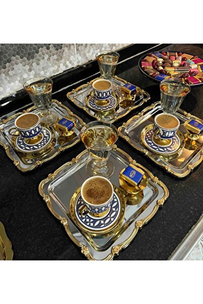 Elzemm store 4 ADET ÇELİK KARE TEPSİ PLASTİK GOLD ÇERÇEVELİ SERVİS VE SUNUM T...