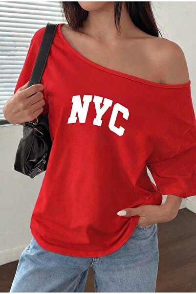 FUFLUNS Nyc Printed Oversized Women's Boat Neck T-Shirt