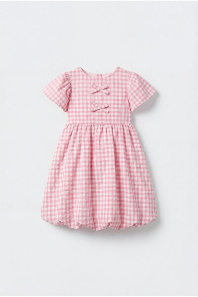 Magu Κοριτσίστικο βαμβακερό ροζ φόρεμα με λεπτομέρεια φιόγκου