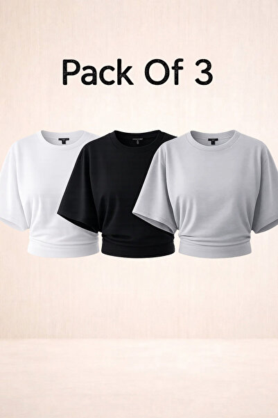 COMBİNE MİCHAİL Women's Bat Sleeve Summer 3-Piece Crop Blouse