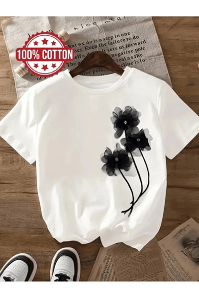 one button 3 τεμάχια μπλουζάκια με στάμπα μαύρου λουλουδιού Premium Oversize ...