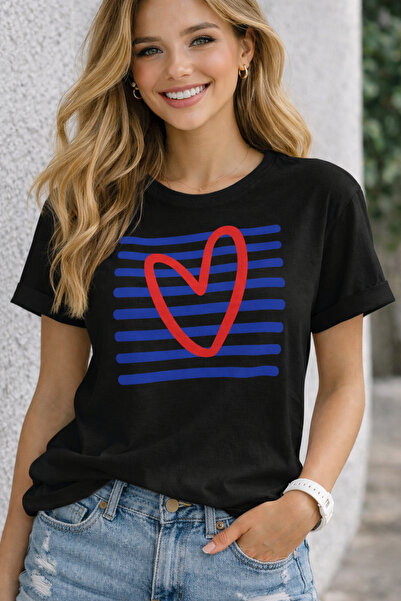 ArtYus Μπλουζάκι Unisex Oversize με ριγέ στάμπα καρδιάς – Βαμβακερό T-Shirt μ...