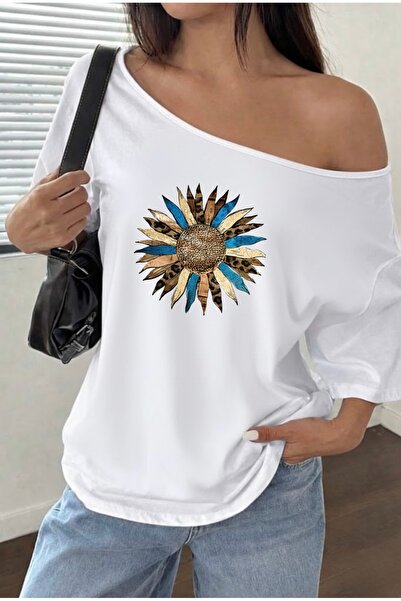 FUFLUNS Aycicegi Printed Oversized Women's Boat Neck T-Shirt