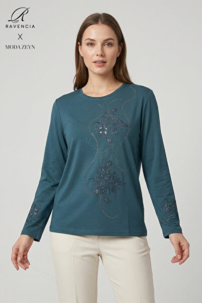 Ravencia Women's Spiral Leaf Patterned Collar and Skirt Stoned Embroidered Sl...