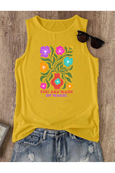 SUNFREE Γυναικείο καλοκαιρινό αμάνικο μπλουζάκι με στάμπα FLOWER και τιράντες