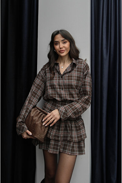Havoş Brown Jerry Plaid Shirt Skirt Set