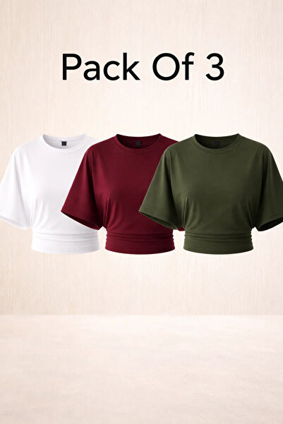 COMBİNE MİCHAİL Women's Bat Sleeve Summer 3-Piece Crop Blouse