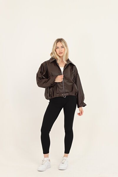 bonne masion Women's Brown Oversize Faux Leather Bomber Jacket with Belt Buck...