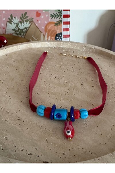 bizizmoda Cam Göz Bodrum Mavi Charm Kadife Kolye