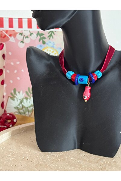 bizizmoda Cam Göz Bodrum Mavi Charm Kadife Kolye