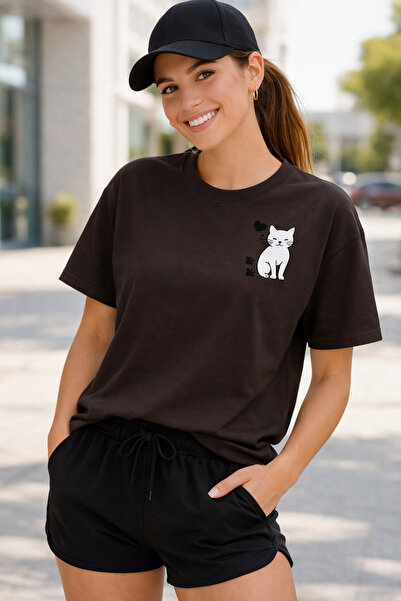 ArtYus Χαριτωμένο μπλουζάκι Unisex Oversize με στάμπα γάτας και πατούσας – Βα...