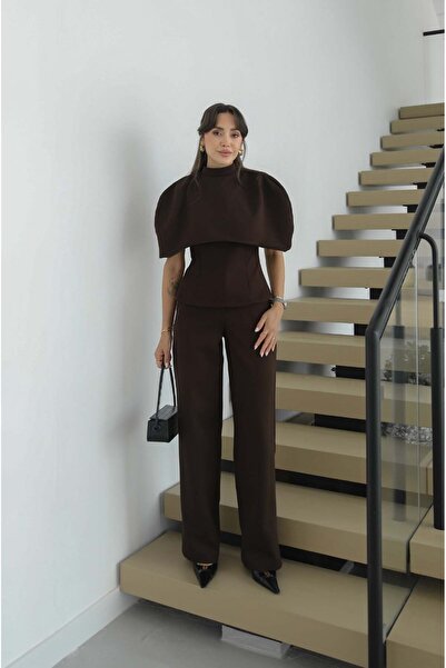 Havoş Brown Renika Cape Blouse Pants Set