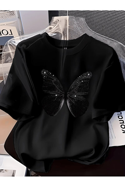 one button Μαύρο γυαλιστερό μπλουζάκι με στάμπα πεταλούδας, Premium Oversize
