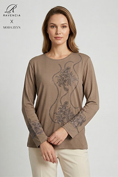 Ravencia Women's Spiral Leaf Patterned Collar and Skirt Stoned Embroidered Sl...