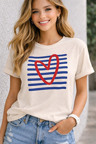 ArtYus Striped Heart Print Unisex Oversize T-Shirt – Cotton Crew Neck Casual ...