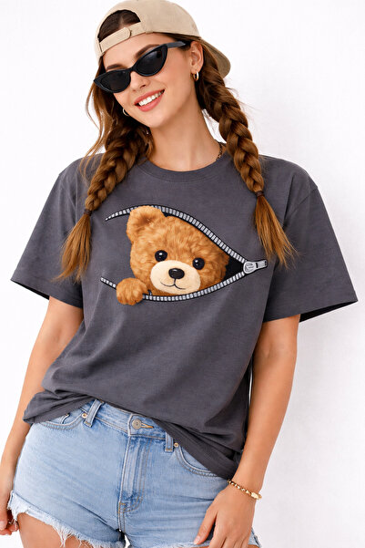 ArtYus Μπλουζάκι Unisex Oversize με στάμπα αρκουδάκι με φερμουάρ – Βαμβακερό ...