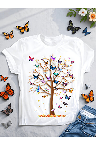 one button Πολύχρωμο μπλουζάκι με στάμπα πεταλούδας και δέντρου, Premium Over...