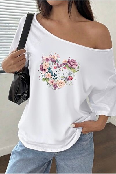 FUFLUNS Flowered Heart Printed Oversize Women's Boat Neck T-Shirt