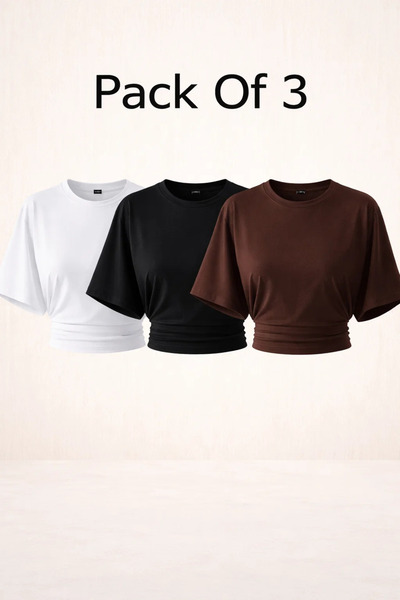 COMBİNE MİCHAİL Women's Bat Sleeve Summer 3-Piece Crop Blouse