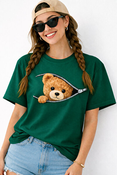 ArtYus Zippered Teddy Bear Printed Unisex Oversize T-Shirt – Cotton Crew Neck...