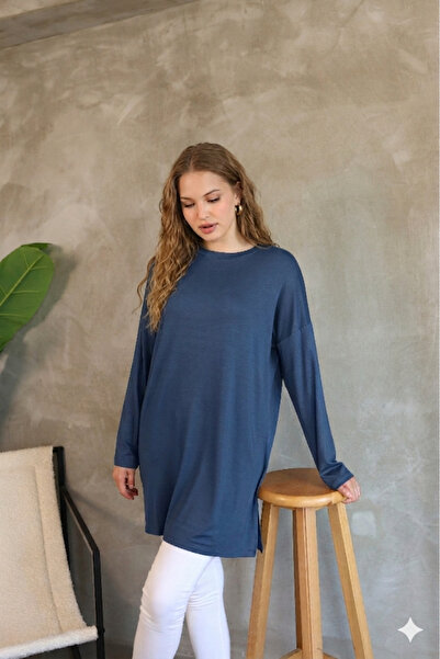 LUQAJ Modest Denim Blue Oversize Lycra Modal Combed Cotton Hijab Basic Tunic