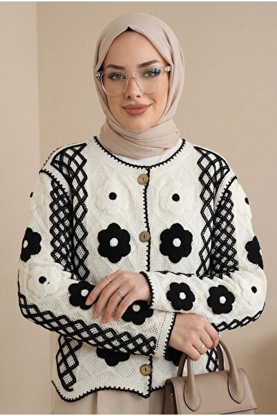 HİJABAYA Ζακέτα πλεκτή με διάτρητο σχέδιο μαργαρίτας, με κουμπιά στο μπροστιν...