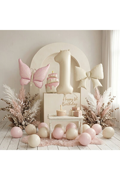 Öztürkpartievi Pastel Pink Butterfly Bow Themed 1St Birthday Balloon Set - Bo...