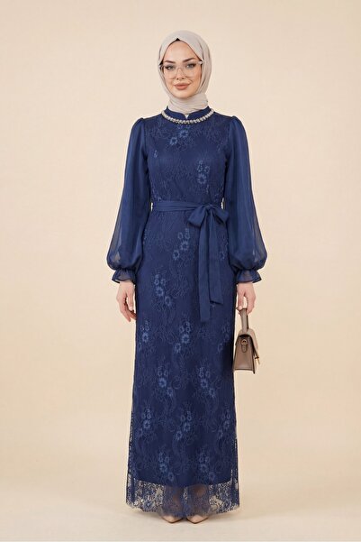 Modamorfo Φόρεμα με ψηλό γιακά και μανίκια από σιφόν Janjan, με δαντέλα και ζ...