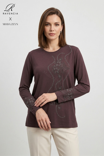 Ravencia Women's Spiral Leaf Patterned Collar and Skirt Stoned Embroidered Sl...