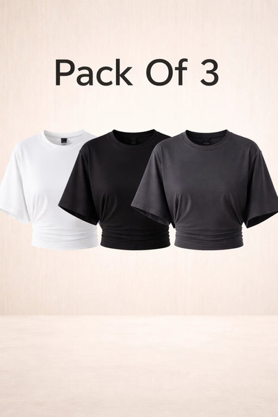 COMBİNE MİCHAİL Women's Bat Sleeve Summer 3-Piece Crop Blouse