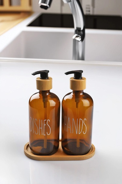 Bev Kitchen Glass 2-Piece Liquid Soap Dispenser and Detergent Dispenser with ...